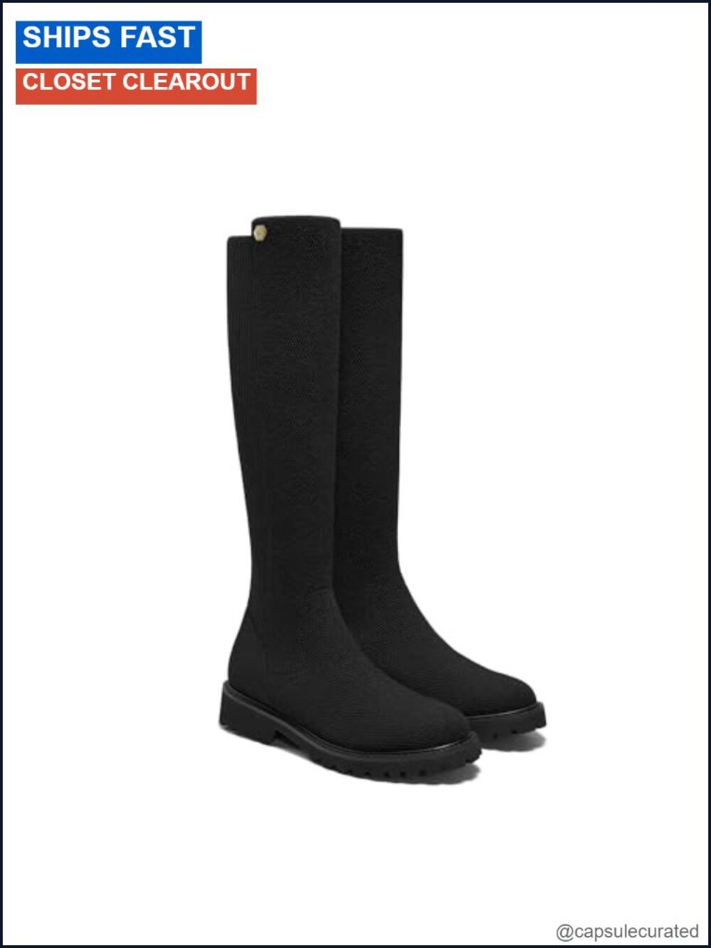 Stretchy Wool Knee High Boots Round Toe Lug Sole Winter Women's Dress